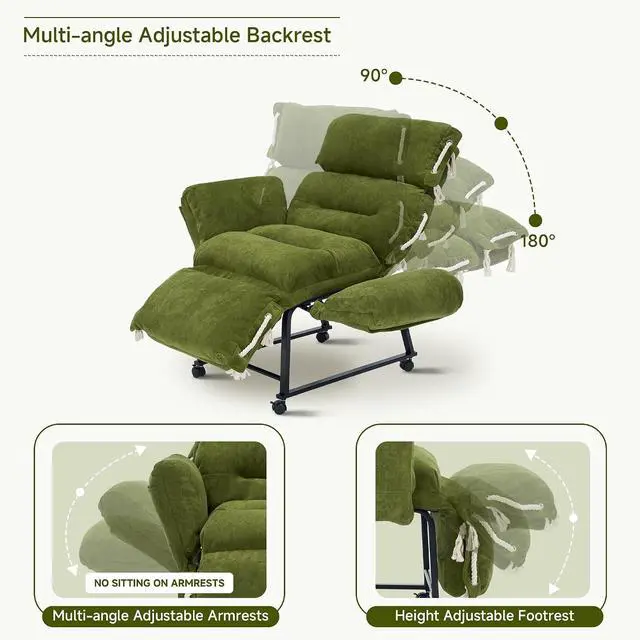 Alt view image 4 of 7 - KEEZY 180° Lay Flat Reclining Rotating Office Chair with Adjustable Footrest, Infinite Lock Computer Desk Chair, Thick Tufted Plush Cloud Velvet Cushion for Home & Office, Green