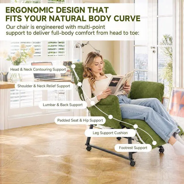 Alt view image 5 of 7 - KEEZY 180° Lay Flat Reclining Rotating Office Chair with Adjustable Footrest, Infinite Lock Computer Desk Chair, Thick Tufted Plush Cloud Velvet Cushion for Home & Office, Green
