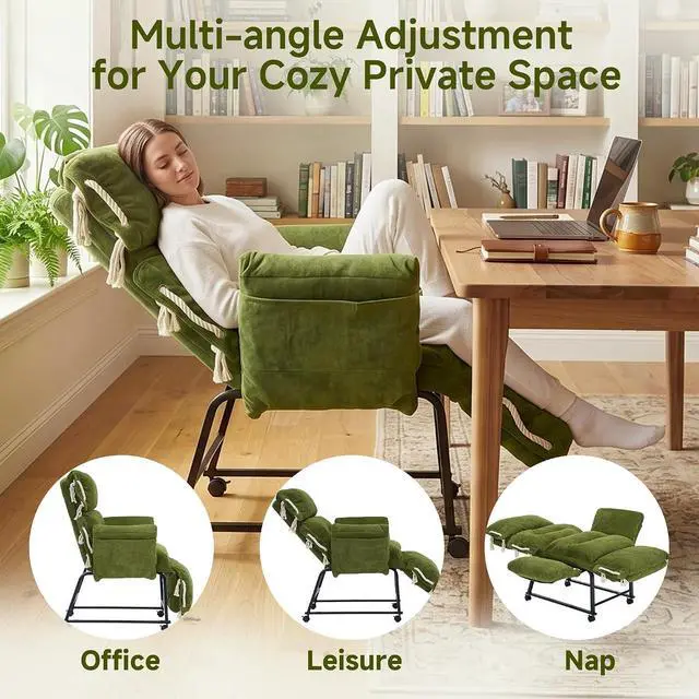 Alt view image 6 of 7 - KEEZY 180° Lay Flat Reclining Rotating Office Chair with Adjustable Footrest, Infinite Lock Computer Desk Chair, Thick Tufted Plush Cloud Velvet Cushion for Home & Office, Green