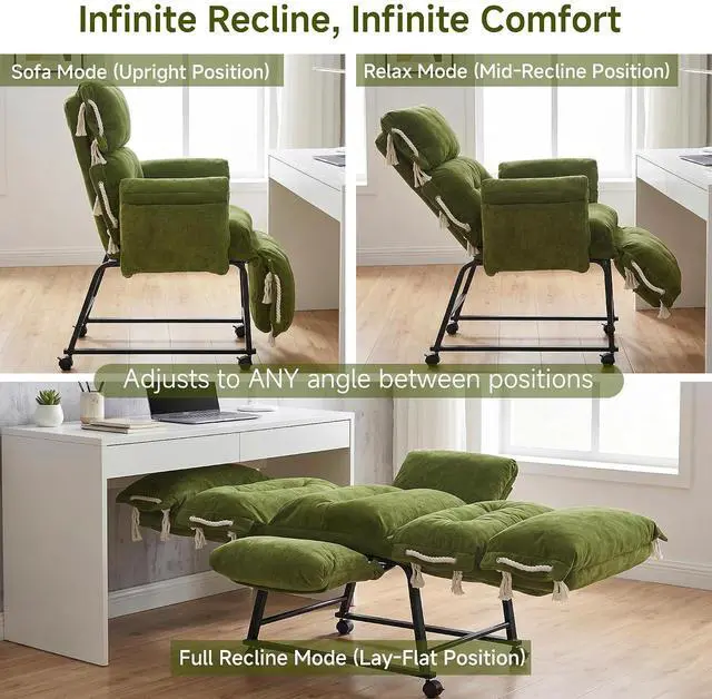 Alt view image 7 of 7 - KEEZY 180° Lay Flat Reclining Rotating Office Chair with Adjustable Footrest, Infinite Lock Computer Desk Chair, Thick Tufted Plush Cloud Velvet Cushion for Home & Office, Green