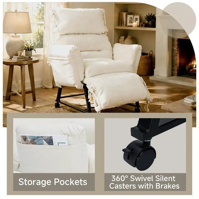 Alt view image 4 of 7 - KEEZY 180° Lay Flat Reclining Rotating Office Chair with Adjustable Footrest, Infinite Lock Computer Desk Chair, Thick Tufted Plush Cloud Velvet Cushion for Home & Office, Beige