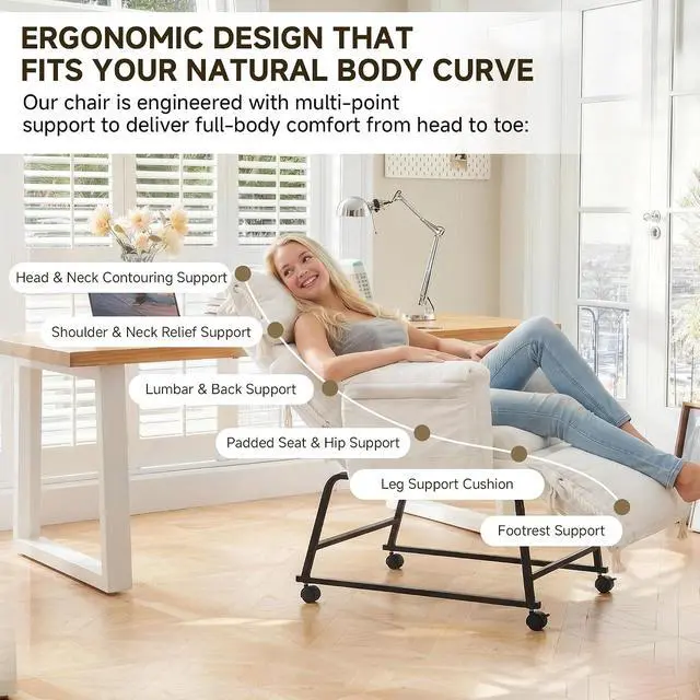 Alt view image 5 of 7 - KEEZY 180° Lay Flat Reclining Rotating Office Chair with Adjustable Footrest, Infinite Lock Computer Desk Chair, Thick Tufted Plush Cloud Velvet Cushion for Home & Office, Beige