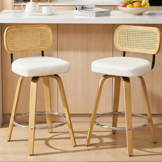 Main image of Natural Rattan Bar Stools Set of 2,Upholstered PU Leather, 26 Counter Height Barstools with Back and Wood Legs,360°Swivel,Mid-Century Modern Bar Stool for Kitchen Island Dining Room and Bar(White)
