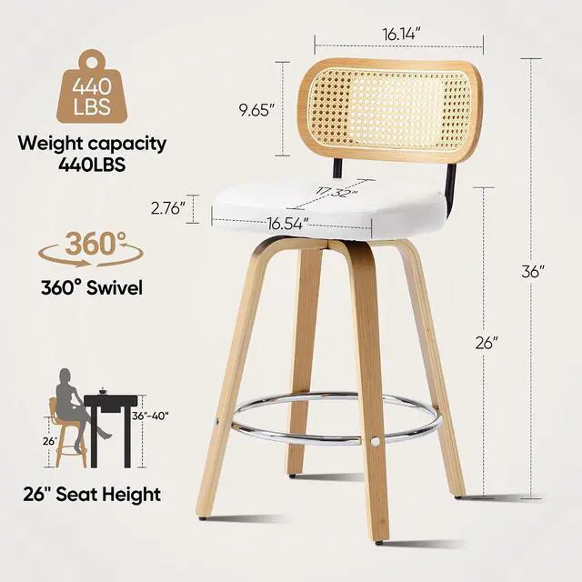 Alt view image 2 of 7 - Natural Rattan Bar Stools Set of 2,Upholstered PU Leather, 26 Counter Height Barstools with Back and Wood Legs,360°Swivel,Mid-Century Modern Bar Stool for Kitchen Island Dining Room and Bar(White)