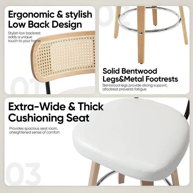 Alt view image 3 of 7 - Natural Rattan Bar Stools Set of 2,Upholstered PU Leather, 26 Counter Height Barstools with Back and Wood Legs,360°Swivel,Mid-Century Modern Bar Stool for Kitchen Island Dining Room and Bar(White)