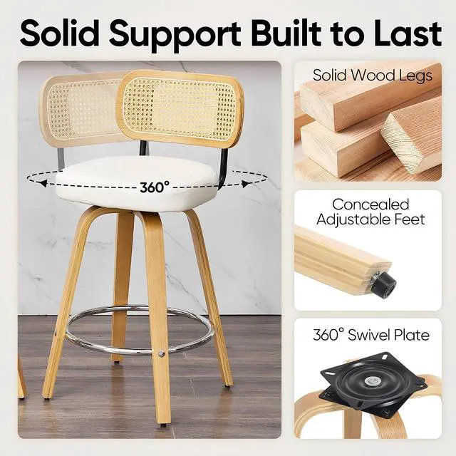 Alt view image 4 of 7 - Natural Rattan Bar Stools Set of 2,Upholstered PU Leather, 26 Counter Height Barstools with Back and Wood Legs,360°Swivel,Mid-Century Modern Bar Stool for Kitchen Island Dining Room and Bar(White)