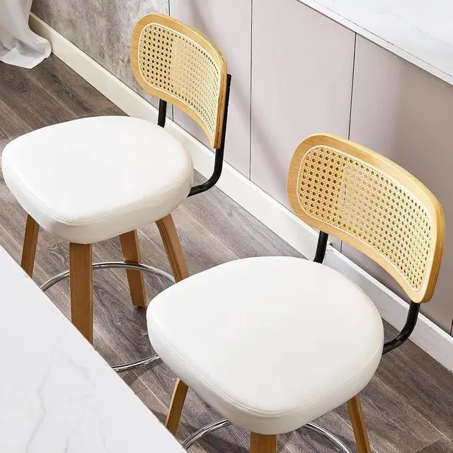 Alt view image 5 of 7 - Natural Rattan Bar Stools Set of 2,Upholstered PU Leather, 26 Counter Height Barstools with Back and Wood Legs,360°Swivel,Mid-Century Modern Bar Stool for Kitchen Island Dining Room and Bar(White)