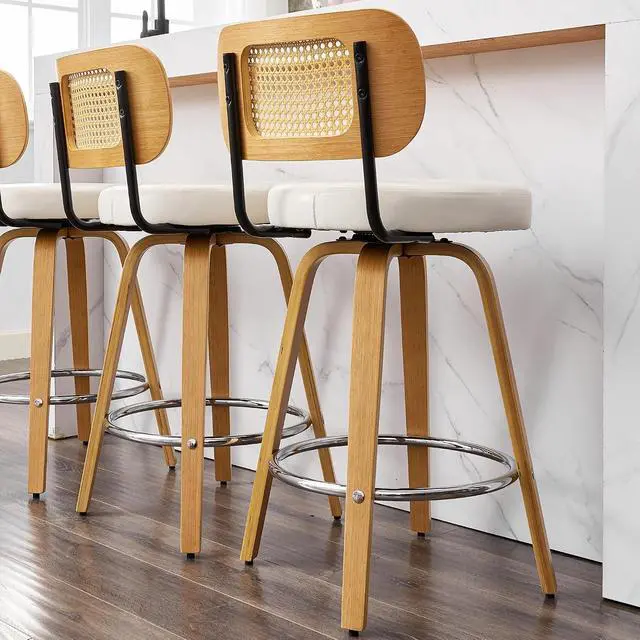 Alt view image 6 of 7 - Natural Rattan Bar Stools Set of 2,Upholstered PU Leather, 26 Counter Height Barstools with Back and Wood Legs,360°Swivel,Mid-Century Modern Bar Stool for Kitchen Island Dining Room and Bar(White)