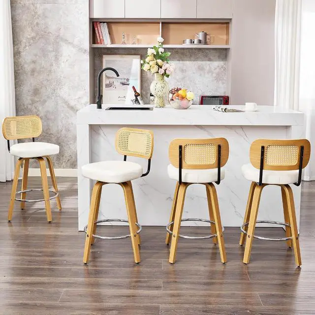 Alt view image 7 of 7 - Natural Rattan Bar Stools Set of 2,Upholstered PU Leather, 26 Counter Height Barstools with Back and Wood Legs,360°Swivel,Mid-Century Modern Bar Stool for Kitchen Island Dining Room and Bar(White)
