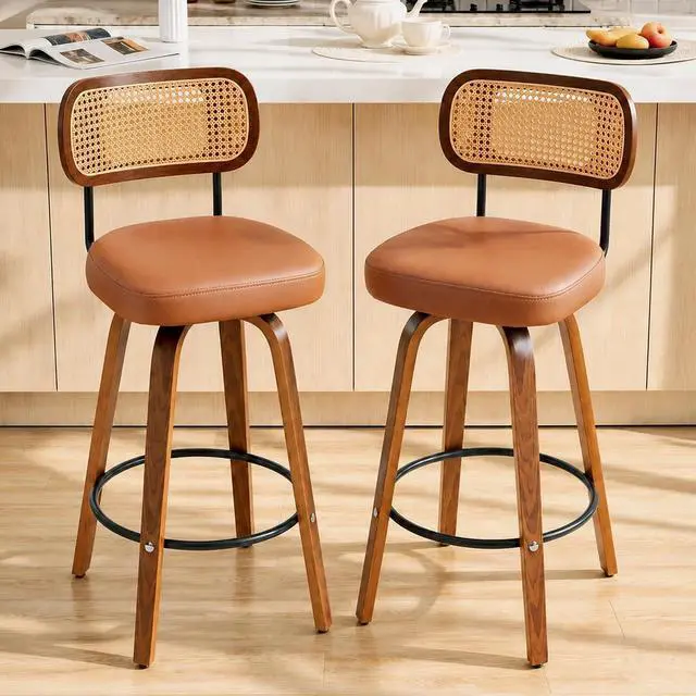 Main image of KEEZY Natural Rattan Bar Stools Set of 2,Upholstered PU Leather, 30''Counter Height Barstools with Back and Wood Legs,360°Swivel,Mid-Century Modern Bar Stool for Kitchen Island Dining Room and Bar