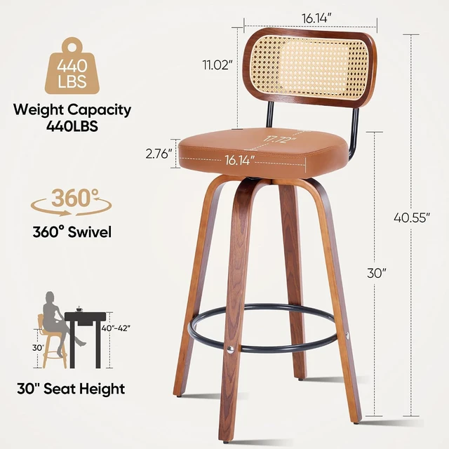 Alt view image 2 of 7 - KEEZY Natural Rattan Bar Stools Set of 2,Upholstered PU Leather, 30''Counter Height Barstools with Back and Wood Legs,360°Swivel,Mid-Century Modern Bar Stool for Kitchen Island Dining Room and Bar
