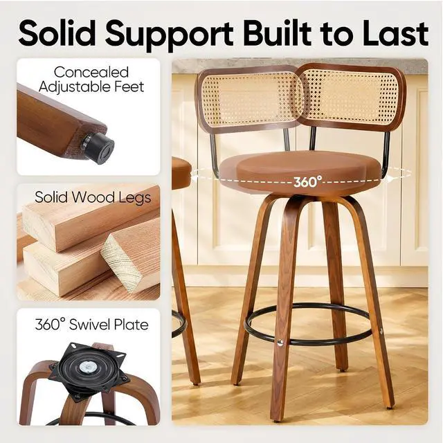 Alt view image 4 of 7 - KEEZY Natural Rattan Bar Stools Set of 2,Upholstered PU Leather, 30''Counter Height Barstools with Back and Wood Legs,360°Swivel,Mid-Century Modern Bar Stool for Kitchen Island Dining Room and Bar