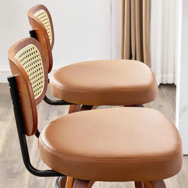 Alt view image 5 of 7 - KEEZY Natural Rattan Bar Stools Set of 2,Upholstered PU Leather, 30''Counter Height Barstools with Back and Wood Legs,360°Swivel,Mid-Century Modern Bar Stool for Kitchen Island Dining Room and Bar