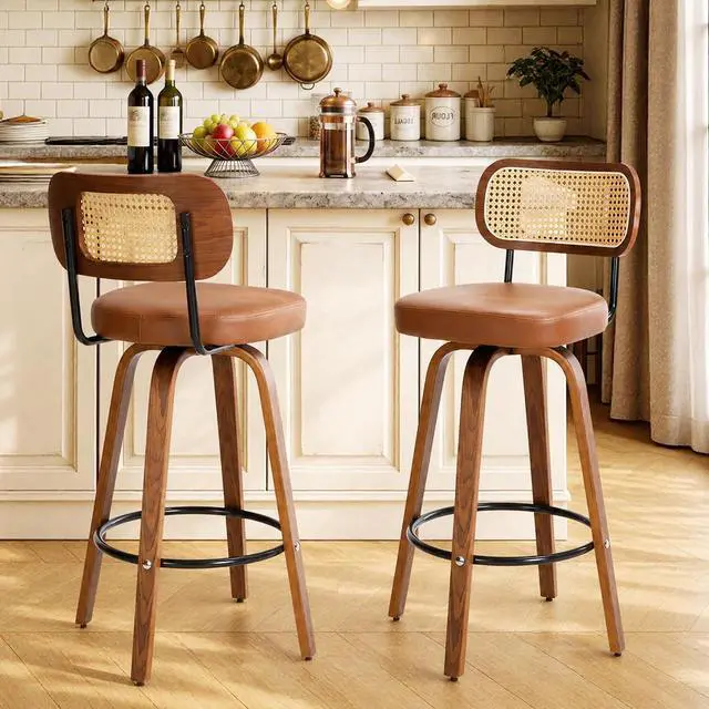 Alt view image 7 of 7 - KEEZY Natural Rattan Bar Stools Set of 2,Upholstered PU Leather, 30''Counter Height Barstools with Back and Wood Legs,360°Swivel,Mid-Century Modern Bar Stool for Kitchen Island Dining Room and Bar