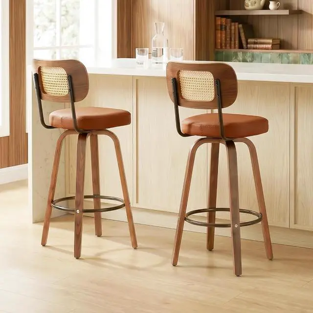 Alt view image 6 of 7 - KEEZY Natural Rattan Bar Stools Set of 2,Upholstered PU Leather, 30''Counter Height Barstools with Back and Wood Legs,360°Swivel,Mid-Century Modern Bar Stool for Kitchen Island Dining Room and Bar