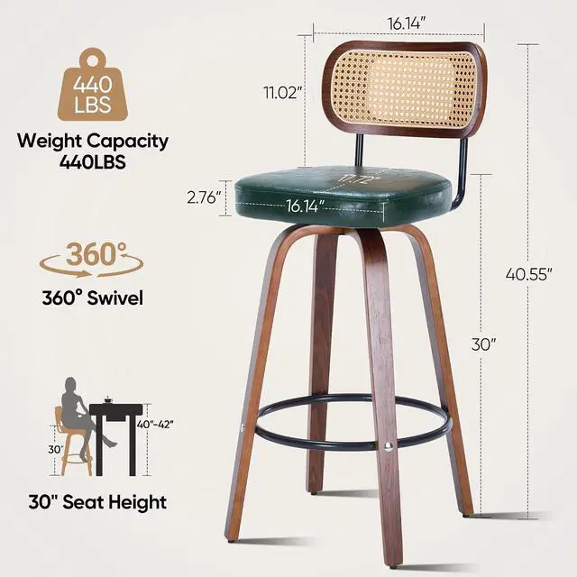 Alt view image 2 of 7 - Rattan Bar Stools Set of 2,Upholstered PU Leather, 30''Counter Height Barstools with Back and Wood Legs,360°Swivel,Mid-Century Modern Bar Stool for Kitchen Island Dining Room and Bar(Vintage Green)
