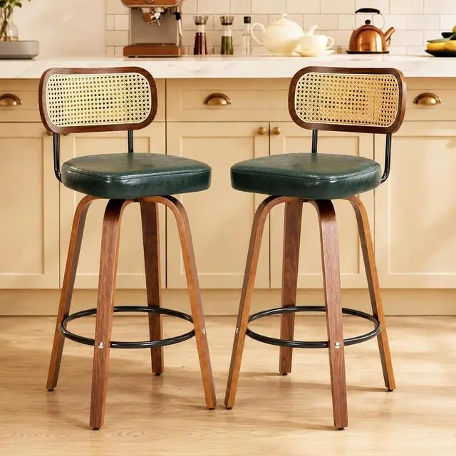 Main image of Rattan Bar Stools Set of 2,Upholstered PU Leather, 30''Counter Height Barstools with Back and Wood Legs,360°Swivel,Mid-Century Modern Bar Stool for Kitchen Island Dining Room and Bar(Vintage Green)