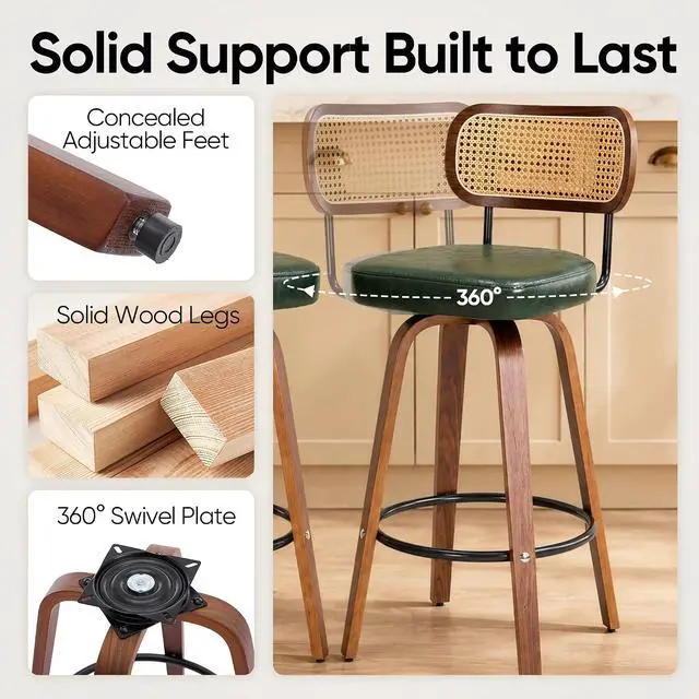 Alt view image 3 of 7 - Rattan Bar Stools Set of 2,Upholstered PU Leather, 30''Counter Height Barstools with Back and Wood Legs,360°Swivel,Mid-Century Modern Bar Stool for Kitchen Island Dining Room and Bar(Vintage Green)