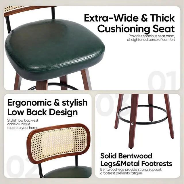 Alt view image 4 of 7 - Rattan Bar Stools Set of 2,Upholstered PU Leather, 30''Counter Height Barstools with Back and Wood Legs,360°Swivel,Mid-Century Modern Bar Stool for Kitchen Island Dining Room and Bar(Vintage Green)