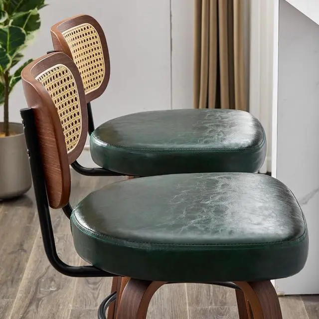 Alt view image 5 of 7 - Rattan Bar Stools Set of 2,Upholstered PU Leather, 30''Counter Height Barstools with Back and Wood Legs,360°Swivel,Mid-Century Modern Bar Stool for Kitchen Island Dining Room and Bar(Vintage Green)