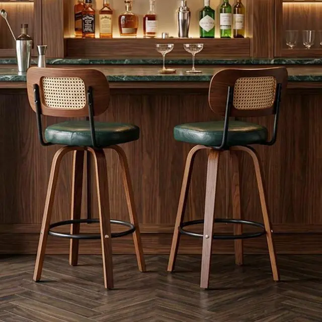 Alt view image 6 of 7 - Rattan Bar Stools Set of 2,Upholstered PU Leather, 30''Counter Height Barstools with Back and Wood Legs,360°Swivel,Mid-Century Modern Bar Stool for Kitchen Island Dining Room and Bar(Vintage Green)