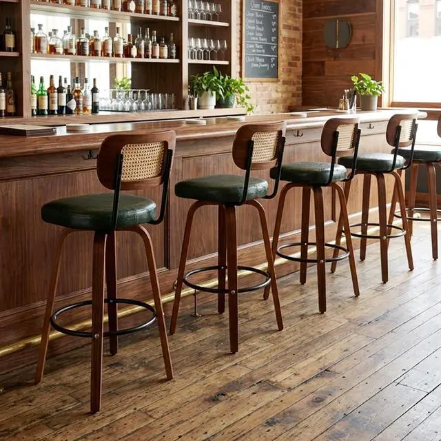 Alt view image 7 of 7 - Rattan Bar Stools Set of 2,Upholstered PU Leather, 30''Counter Height Barstools with Back and Wood Legs,360°Swivel,Mid-Century Modern Bar Stool for Kitchen Island Dining Room and Bar(Vintage Green)