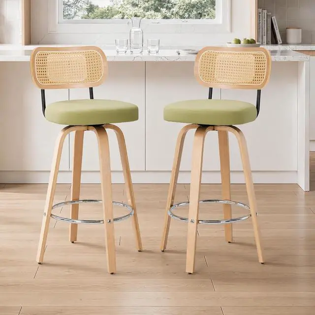 Main image of Rattan Bar Stools Set of 2,Upholstered PU Leather, 30''Counter Height Barstools with Back and Wood Legs,360°Swivel,Mid-Century Modern Bar Stool for Kitchen Island Dining Room and Bar(Grass Green)