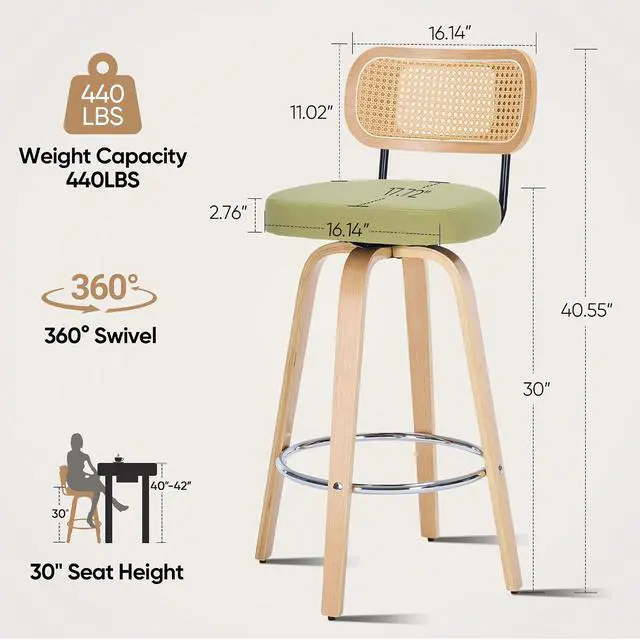 Alt view image 2 of 7 - Rattan Bar Stools Set of 2,Upholstered PU Leather, 30''Counter Height Barstools with Back and Wood Legs,360°Swivel,Mid-Century Modern Bar Stool for Kitchen Island Dining Room and Bar(Grass Green)