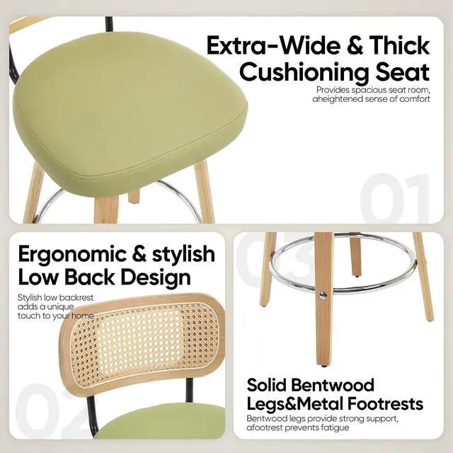 Alt view image 3 of 7 - Rattan Bar Stools Set of 2,Upholstered PU Leather, 30''Counter Height Barstools with Back and Wood Legs,360°Swivel,Mid-Century Modern Bar Stool for Kitchen Island Dining Room and Bar(Grass Green)