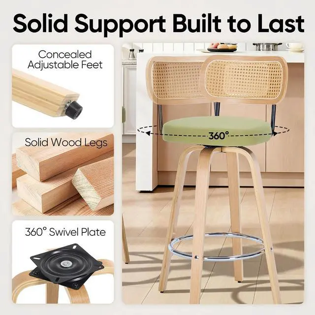 Alt view image 4 of 7 - Rattan Bar Stools Set of 2,Upholstered PU Leather, 30''Counter Height Barstools with Back and Wood Legs,360°Swivel,Mid-Century Modern Bar Stool for Kitchen Island Dining Room and Bar(Grass Green)