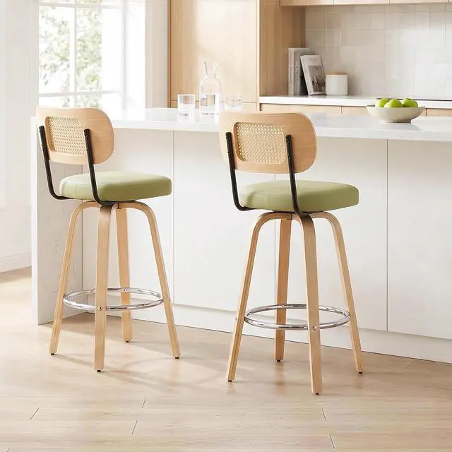 Alt view image 6 of 7 - Rattan Bar Stools Set of 2,Upholstered PU Leather, 30''Counter Height Barstools with Back and Wood Legs,360°Swivel,Mid-Century Modern Bar Stool for Kitchen Island Dining Room and Bar(Grass Green)