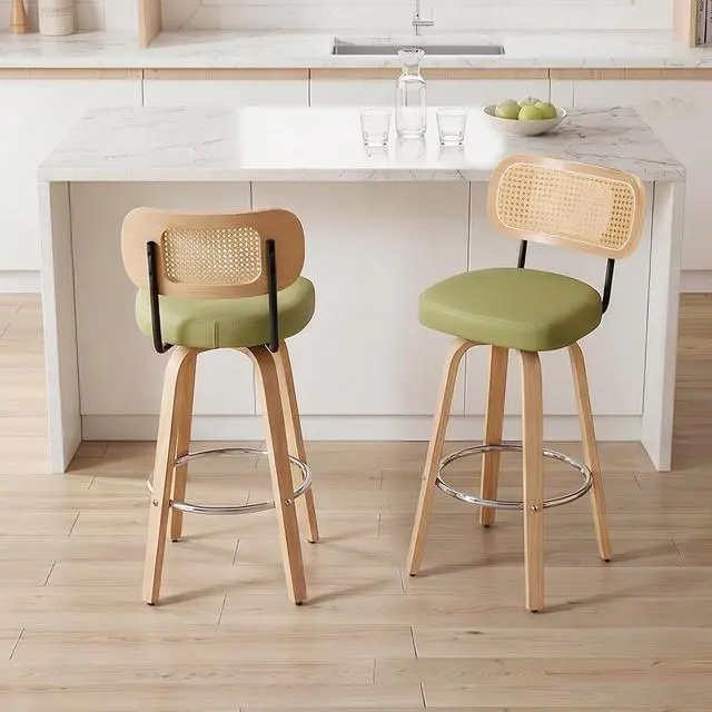 Alt view image 7 of 7 - Rattan Bar Stools Set of 2,Upholstered PU Leather, 30''Counter Height Barstools with Back and Wood Legs,360°Swivel,Mid-Century Modern Bar Stool for Kitchen Island Dining Room and Bar(Grass Green)