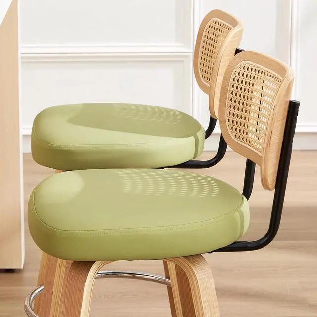 Alt view image 5 of 7 - Rattan Bar Stools Set of 2,Upholstered PU Leather, 30''Counter Height Barstools with Back and Wood Legs,360°Swivel,Mid-Century Modern Bar Stool for Kitchen Island Dining Room and Bar(Grass Green)