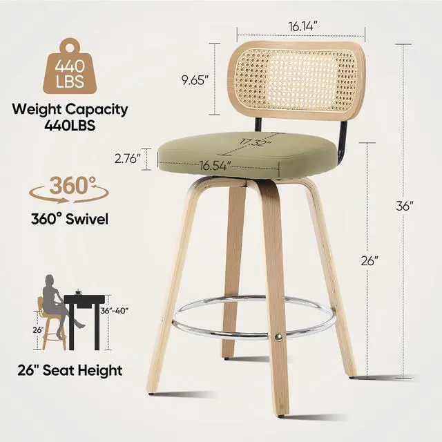 Alt view image 2 of 7 - Rattan Bar Stools Set of 2,Upholstered PU Leather, 26 Counter Height Barstools with Back and Wood Legs,360°Swivel,Mid-Century Modern Bar Stool for Kitchen Island Dining Room and Bar(Grass Green)