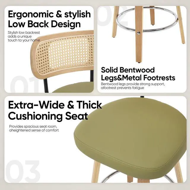 Alt view image 3 of 7 - Rattan Bar Stools Set of 2,Upholstered PU Leather, 26 Counter Height Barstools with Back and Wood Legs,360°Swivel,Mid-Century Modern Bar Stool for Kitchen Island Dining Room and Bar(Grass Green)