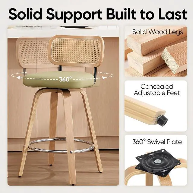 Alt view image 4 of 7 - Rattan Bar Stools Set of 2,Upholstered PU Leather, 26 Counter Height Barstools with Back and Wood Legs,360°Swivel,Mid-Century Modern Bar Stool for Kitchen Island Dining Room and Bar(Grass Green)