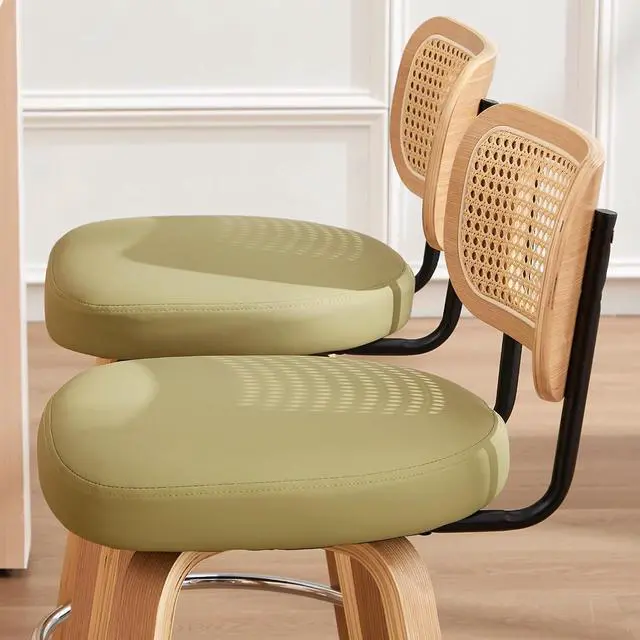 Alt view image 5 of 7 - Rattan Bar Stools Set of 2,Upholstered PU Leather, 26 Counter Height Barstools with Back and Wood Legs,360°Swivel,Mid-Century Modern Bar Stool for Kitchen Island Dining Room and Bar(Grass Green)