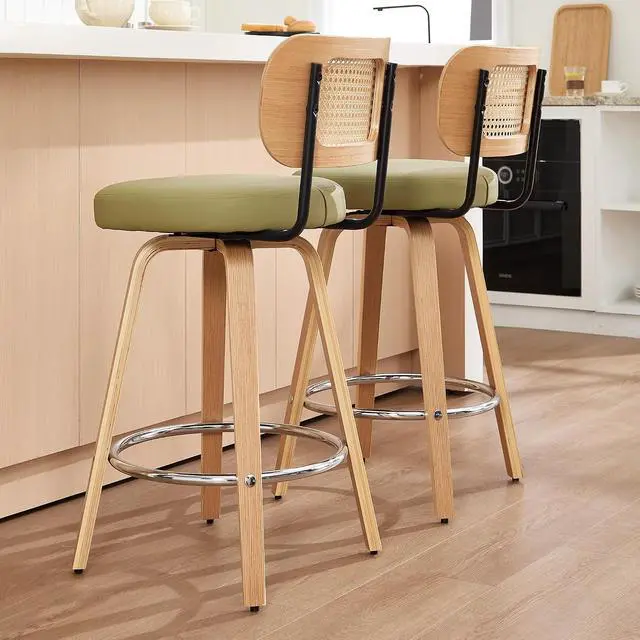 Alt view image 6 of 7 - Rattan Bar Stools Set of 2,Upholstered PU Leather, 26 Counter Height Barstools with Back and Wood Legs,360°Swivel,Mid-Century Modern Bar Stool for Kitchen Island Dining Room and Bar(Grass Green)