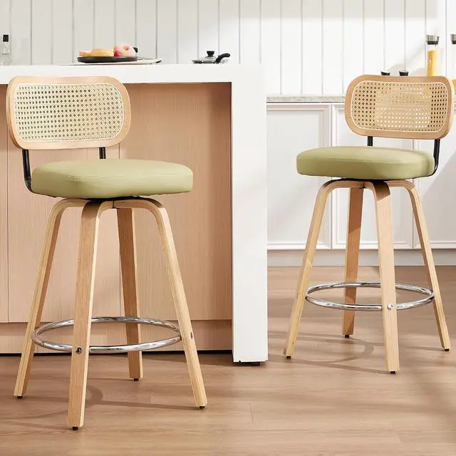 Alt view image 7 of 7 - Rattan Bar Stools Set of 2,Upholstered PU Leather, 26 Counter Height Barstools with Back and Wood Legs,360°Swivel,Mid-Century Modern Bar Stool for Kitchen Island Dining Room and Bar(Grass Green)