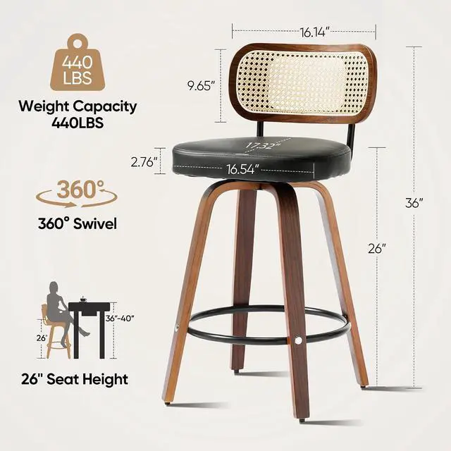 Alt view image 2 of 7 - Natural Rattan Bar Stools Set of 2,Upholstered PU Leather, 26 Counter Height Barstools with Back and Wood Legs,360°Swivel,Mid-Century Modern Bar Stool for Kitchen Island Dining Room and Bar(Black)