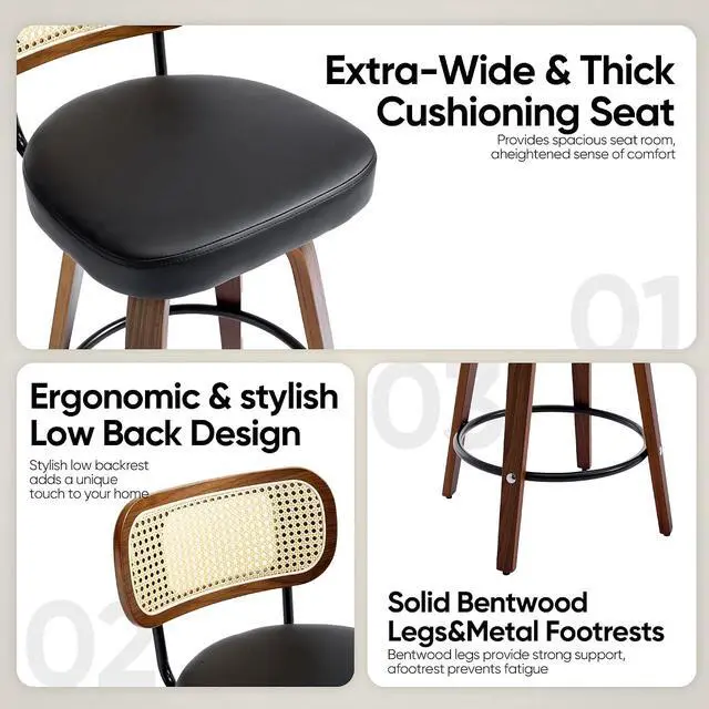 Alt view image 3 of 7 - Natural Rattan Bar Stools Set of 2,Upholstered PU Leather, 26 Counter Height Barstools with Back and Wood Legs,360°Swivel,Mid-Century Modern Bar Stool for Kitchen Island Dining Room and Bar(Black)