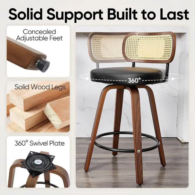 Alt view image 4 of 7 - Natural Rattan Bar Stools Set of 2,Upholstered PU Leather, 26 Counter Height Barstools with Back and Wood Legs,360°Swivel,Mid-Century Modern Bar Stool for Kitchen Island Dining Room and Bar(Black)