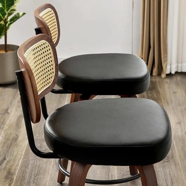 Alt view image 6 of 7 - Natural Rattan Bar Stools Set of 2,Upholstered PU Leather, 26 Counter Height Barstools with Back and Wood Legs,360°Swivel,Mid-Century Modern Bar Stool for Kitchen Island Dining Room and Bar(Black)