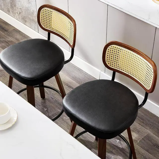Alt view image 5 of 7 - Natural Rattan Bar Stools Set of 2,Upholstered PU Leather, 26 Counter Height Barstools with Back and Wood Legs,360°Swivel,Mid-Century Modern Bar Stool for Kitchen Island Dining Room and Bar(Black)