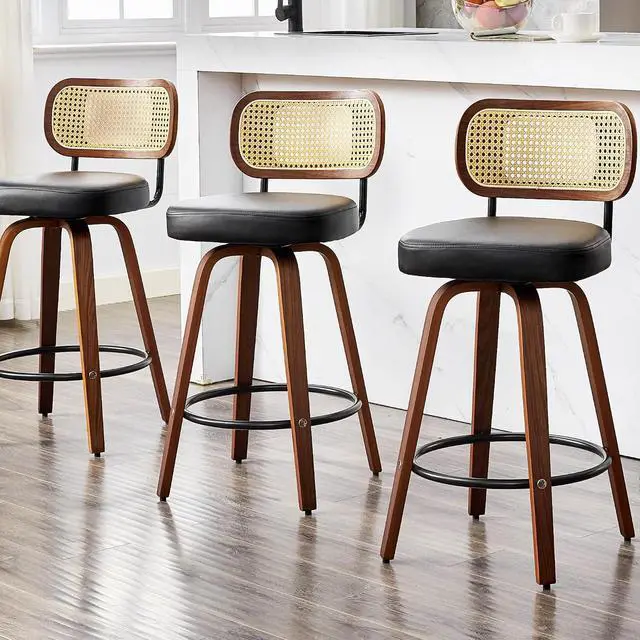 Alt view image 7 of 7 - Natural Rattan Bar Stools Set of 2,Upholstered PU Leather, 26 Counter Height Barstools with Back and Wood Legs,360°Swivel,Mid-Century Modern Bar Stool for Kitchen Island Dining Room and Bar(Black)