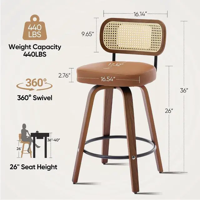 Alt view image 2 of 7 - Natural Rattan Bar Stools Set of 2,Upholstered PU Leather, 26 Counter Height Barstools with Back and Wood Legs,360°Swivel,Mid-Century Modern Bar Stool for Kitchen Island Dining Room and Bar(Brown)