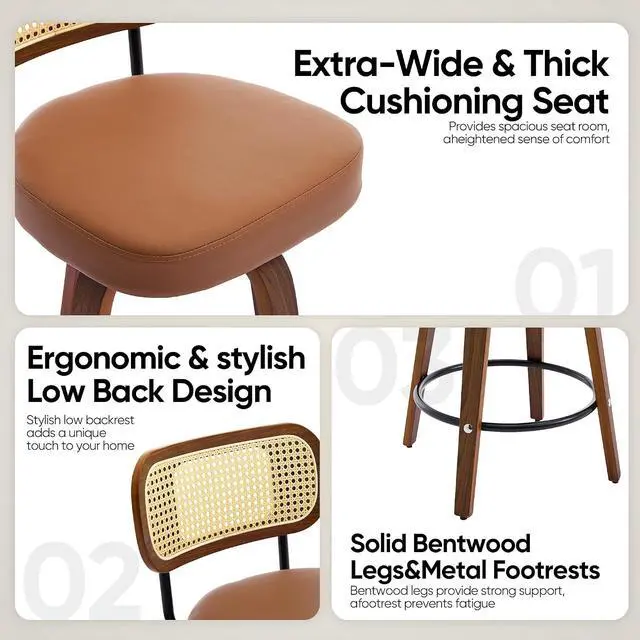 Alt view image 3 of 7 - Natural Rattan Bar Stools Set of 2,Upholstered PU Leather, 26 Counter Height Barstools with Back and Wood Legs,360°Swivel,Mid-Century Modern Bar Stool for Kitchen Island Dining Room and Bar(Brown)