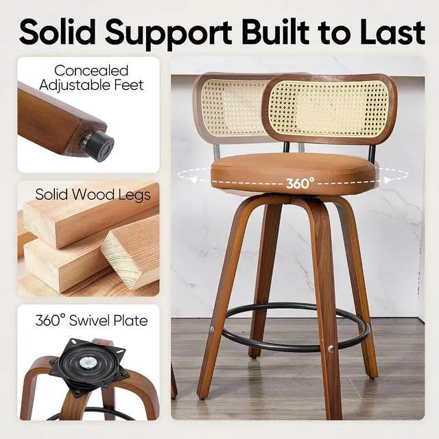 Alt view image 4 of 7 - Natural Rattan Bar Stools Set of 2,Upholstered PU Leather, 26 Counter Height Barstools with Back and Wood Legs,360°Swivel,Mid-Century Modern Bar Stool for Kitchen Island Dining Room and Bar(Brown)