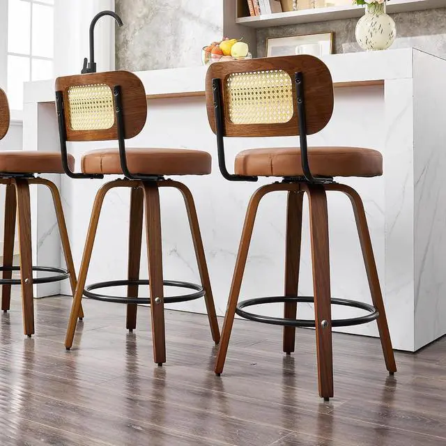 Alt view image 6 of 7 - Natural Rattan Bar Stools Set of 2,Upholstered PU Leather, 26 Counter Height Barstools with Back and Wood Legs,360°Swivel,Mid-Century Modern Bar Stool for Kitchen Island Dining Room and Bar(Brown)