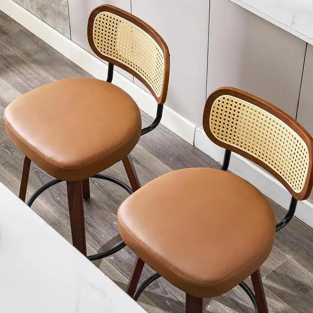 Alt view image 5 of 7 - Natural Rattan Bar Stools Set of 2,Upholstered PU Leather, 26 Counter Height Barstools with Back and Wood Legs,360°Swivel,Mid-Century Modern Bar Stool for Kitchen Island Dining Room and Bar(Brown)